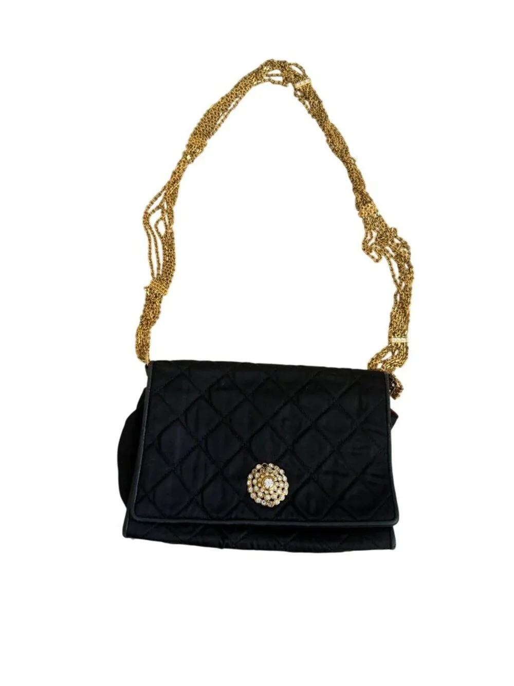CHANEL Vintage Matelasse Black Silk Leather Rhinestone Chain Shoulder Bag